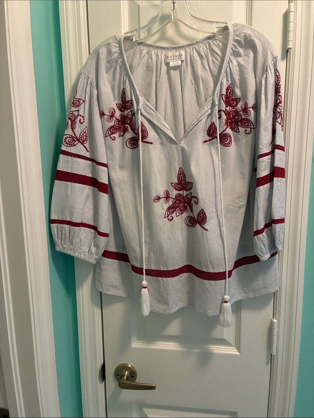 Velvet White Tunic with Burgundy Floral Embroidery